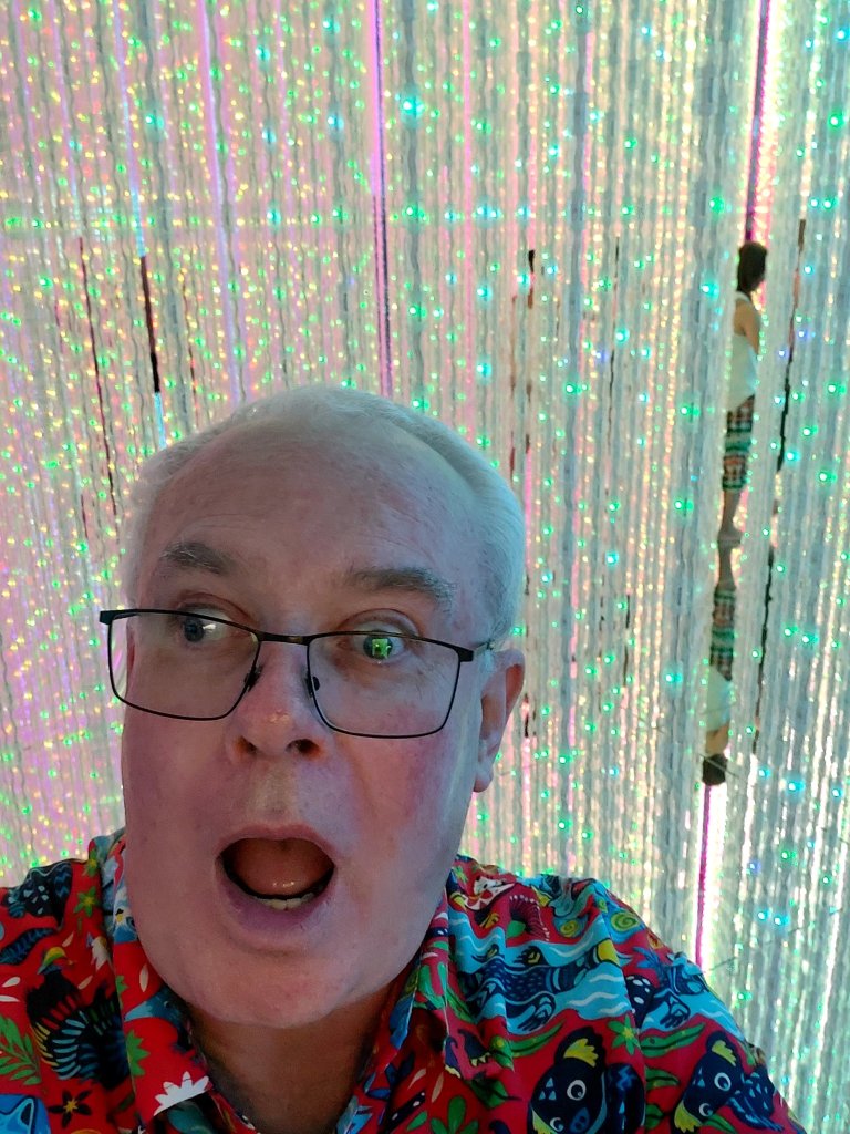 A surprised individual in a colorful shirt poses for a selfie against a backdrop of shimmering lights.